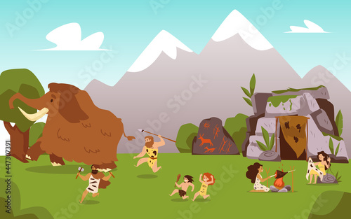Life tribal of primitive cave people in stone age a flat vector illustration.