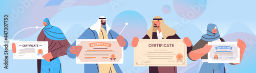 arab graduated people holding certificates arabic graduates celebrating academic diploma degree corporate education