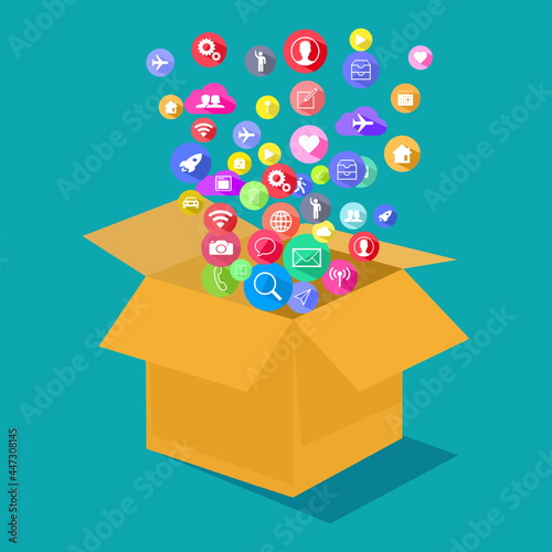 The communication icon comes out of the box. The idea is outside the box. vector illustration