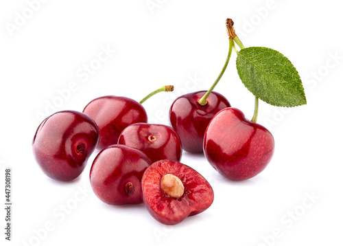 Sweet cherries isolated on white background cutout. Ripe berries closeup.