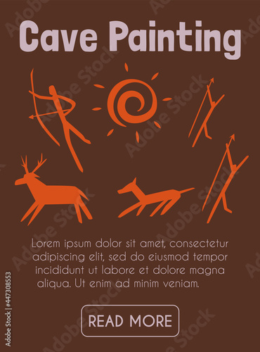 Primitive neanderthal caveman painting banner template flat vector illustration.