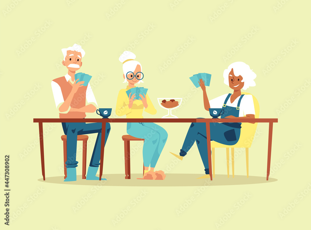 Old people play in card game sitting at table at home or retirement center. Old people play in card game sitting at table at home or retirement center.