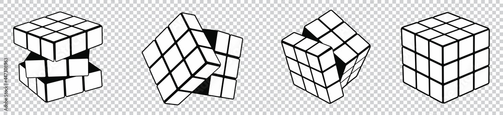 Rubik's cube vector isolated on transparent background. Unsolved Rubik's cube, solved Rubik's cube, puzzle, Vector illustration. - obrazy, fototapety, plakaty 