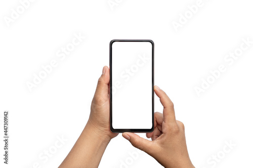 women hand holding a white screen phone isolated on white background with clipping path.