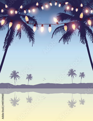 tropical summer paradise background with fairy light and palm leaves