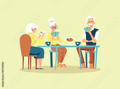 Group of elderly friends playing cards, flat vector illustration isolated.