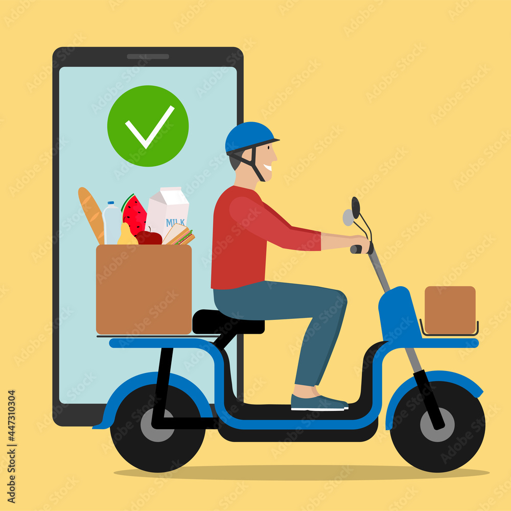 Delivery service. Man in helmet riding electric bike scooter with boxes and products. Delivery service. Man in helmet riding electric bike scooter with boxes and products.
