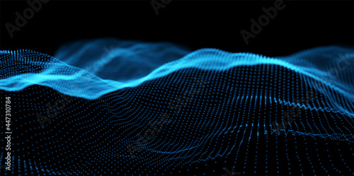 Wave of blue particles. Abstract technology flow background. Sound mesh pattern or grid landscape. Digital data structure consist dot elements. Future vector illustration.