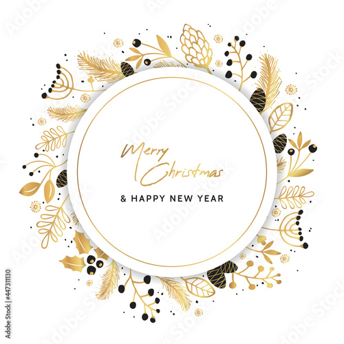 Merry Christmas and Happy New Year banner or poster. Greeting card with golden Christmas ornament