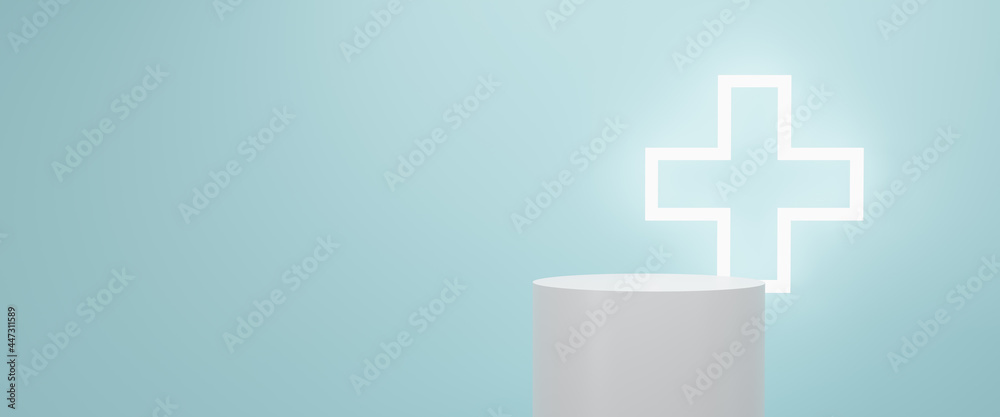 Obraz premium Abstract 3d geometric shape object illustration render, white podium in blue background, display for technology and medical business, advertising products, spa body care, relaxation, health