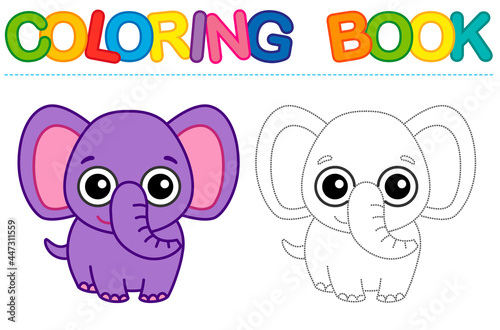 Coloring page funny cartoon elephant. Educational tracing coloring book for childrens activity