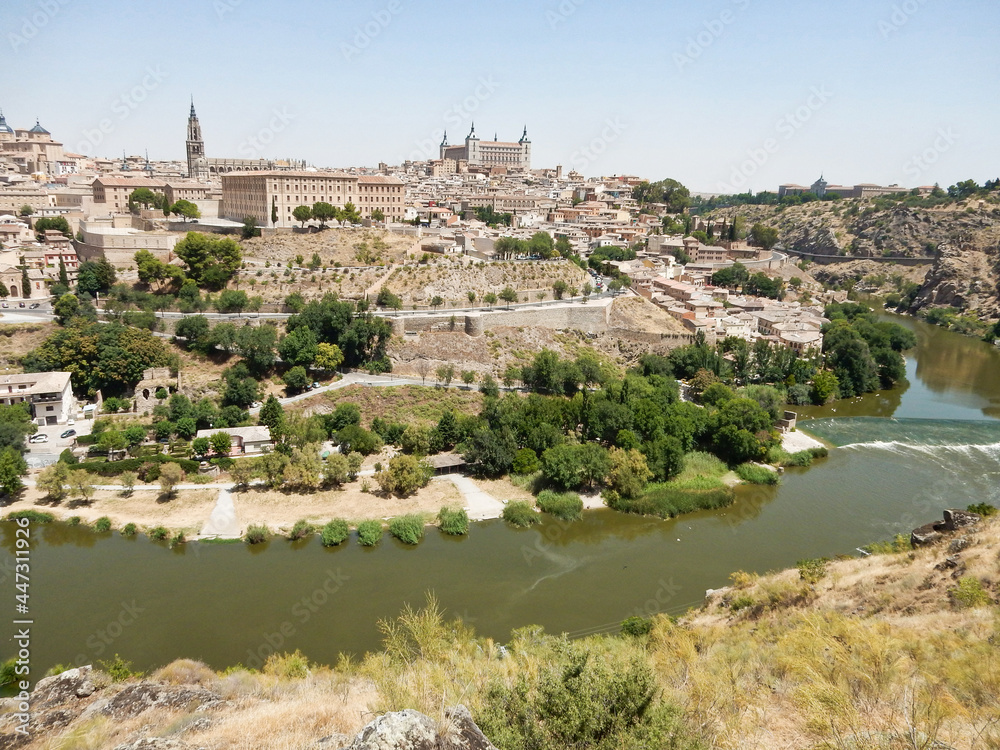View of the Tagus River and Toledo Spain with Alcazar de Toledo on the top of the Hill