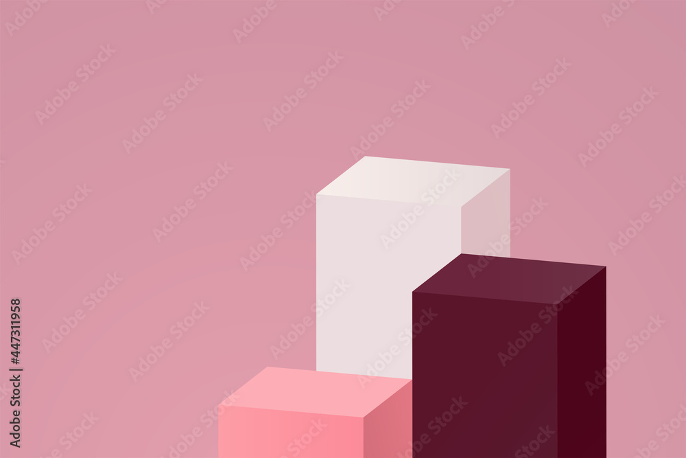 Geometric podium Vector illustration with copy space Three colorful cube stage platforms on pink background Geometric podium Vector illustration with copy space Three colorful cube stage platforms on pink background