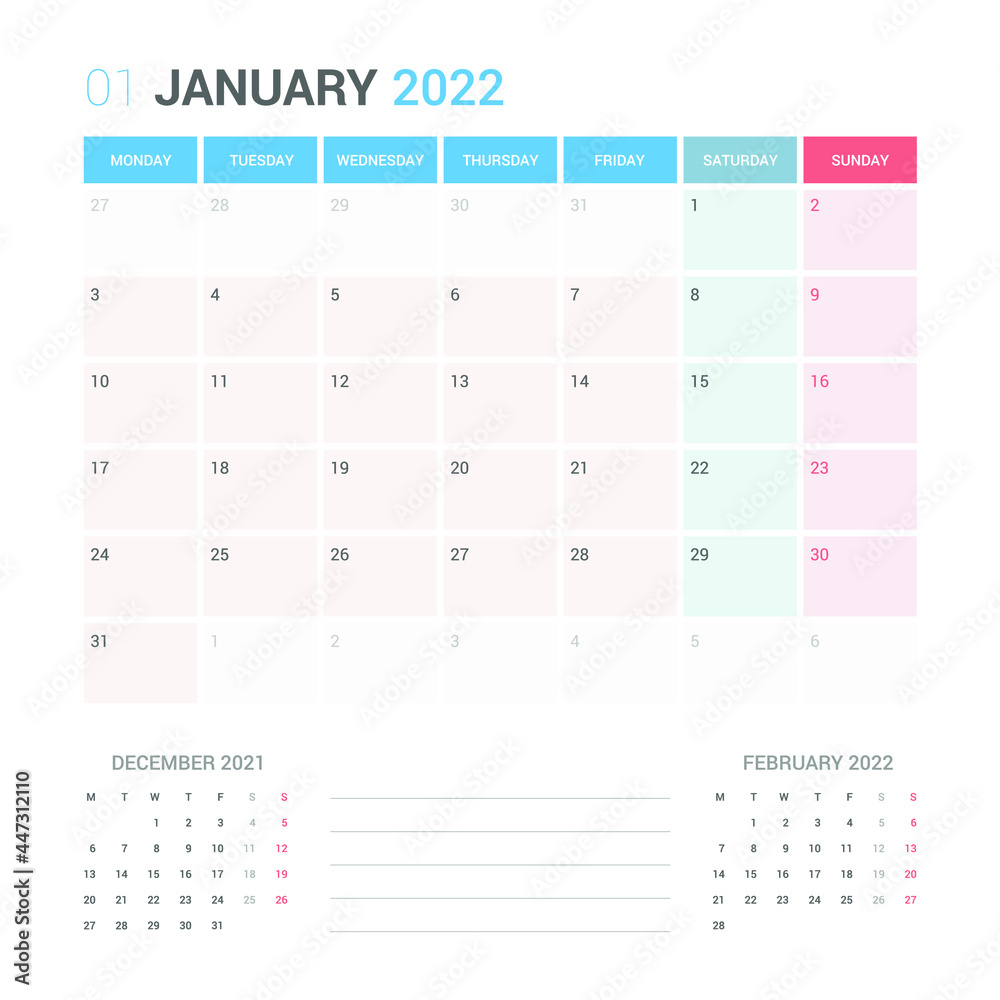 January 2022 Planner Calendar Week starts on Monday. Simple and clean calendar design planner template vector. January 2022 Planner Calendar Week starts on Monday. Simple and clean calendar design planner template vector.