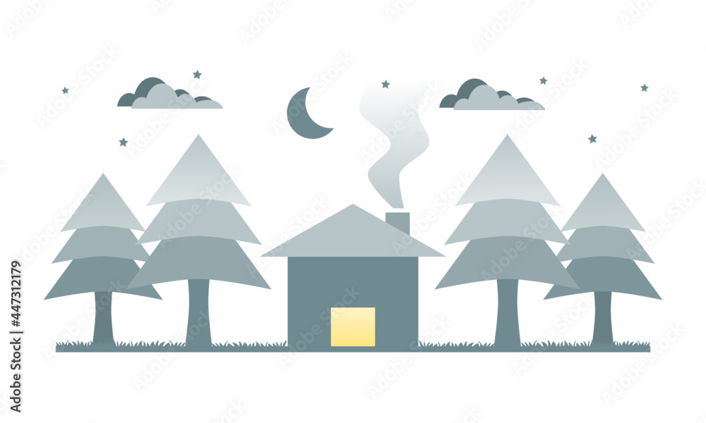 Home in forest pipe trees in night time with moon and stars winter season on white background paper cut flat vector.