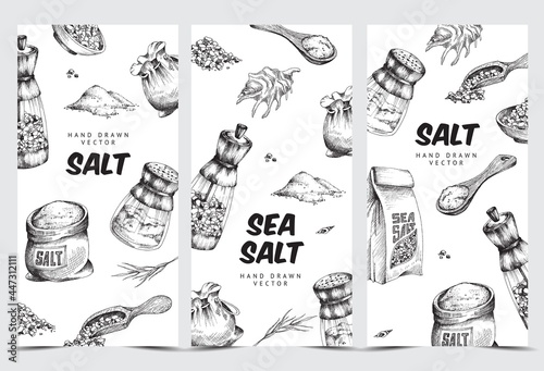 Set of sea salt backgrounds or labels hand drawn engraving vector illustration.