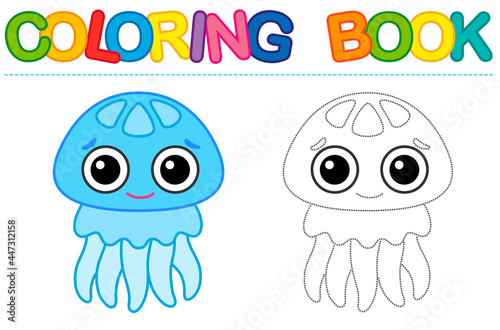 Coloring page cartoon smiling blue jellyfish. Educational tracing coloring book for childrens activity
