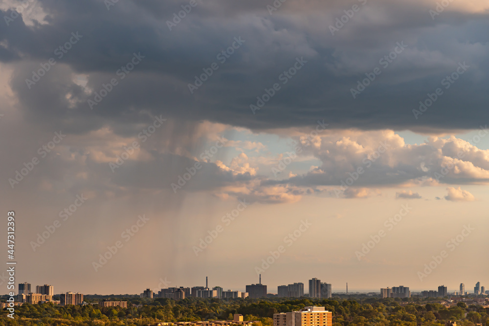 Fototapeta premium Toronto Canada scenic view of cityscape skyline and cloudy sunny summer day. Climate change concept. Dramatic cloudscape. Clean of birds, bugs, and dust