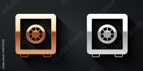Gold and silver Safe icon isolated on black background. The door safe a bank vault with a combination lock. Reliable Data Protection. Long shadow style. Vector