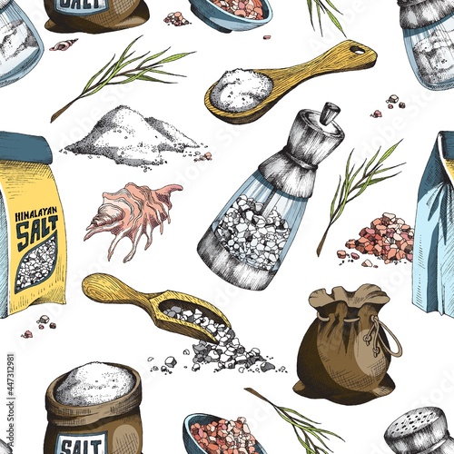 Sea salt seamless pattern with hand drawn engraving elements vector illustration.