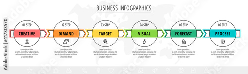 Vector line infographics template for six arrows and circles. Business concept with 6 elements and icons. Modern blank space for chart, content, step for step, timeline, diagram, web