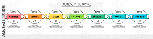 Vector line infographics template for seven arrows and circles. Business concept with 7 elements and icons. Modern blank space for chart, content, step for step, timeline, diagram, web