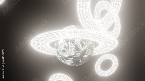 3D illustration. 3d render, abstract geometric background, multicolored balloons, primitive shapes, minimalist design, space, planet