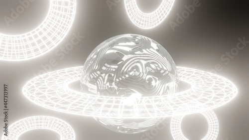 3D illustration. 3d render, abstract geometric background, multicolored balloons, primitive shapes, minimalist design, space, planet