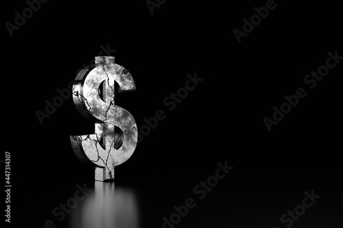 Cracked dollar sign in black. 3D rendering.
