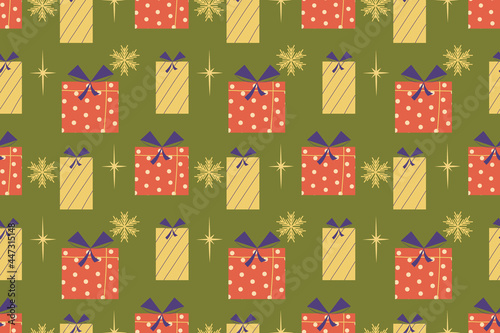 Seamless retro pattern with gifts and snowflakes. Vector illustration in a simple Mid-Century Modern style design vintage colors. Christmas pattern for gifts