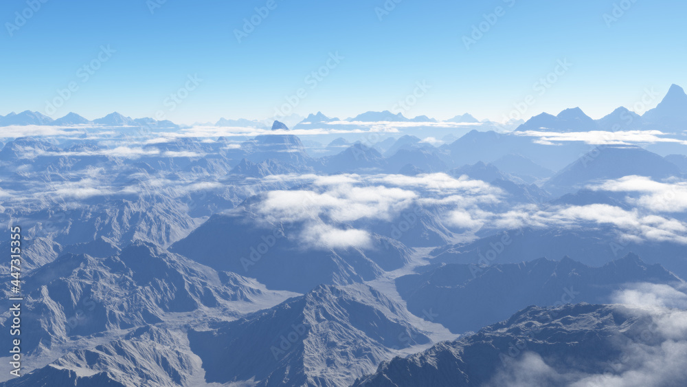 Climate change, panoramic view of a mountain range in a desert area at dawn. Raising the temperature. Arid and dry areas. Mountains and clouds. Global warming. 3d rendering

