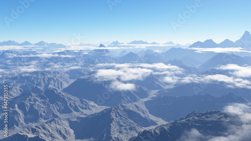 Climate change, panoramic view of a mountain range in a desert area at dawn. Raising the temperature. Arid and dry areas. Mountains and clouds. Global warming. 3d rendering  © Naeblys