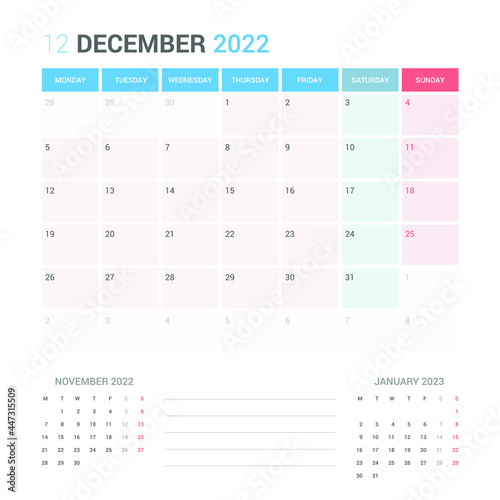 December 2022 Planner Calendar Week starts on Monday. Simple and clean calendar design planner template vector.
