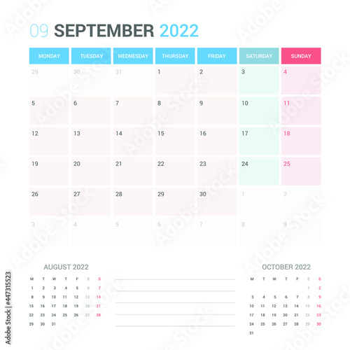 September 2022 Planner Calendar Week starts on Monday. Simple and clean calendar design planner template vector.