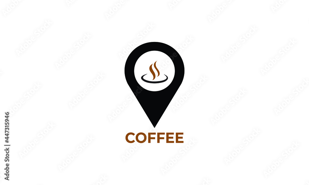 Coffee Logo on Round Pin Map Sign, Creative and Modern Coffee Shop Icon. Vector Logo Template Coffee Logo on Round Pin Map Sign, Creative and Modern Coffee Shop Icon. Vector Logo Template