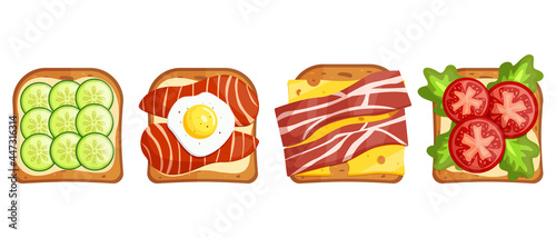 Fototapeta Naklejka Na Ścianę i Meble -  Variety of delicious sandwiches for breakfast, snacks, snacks.Sandwich with toast and ham, cheese and tomatoes, also with salad and bacon. Vector illustration in flat cartoon style