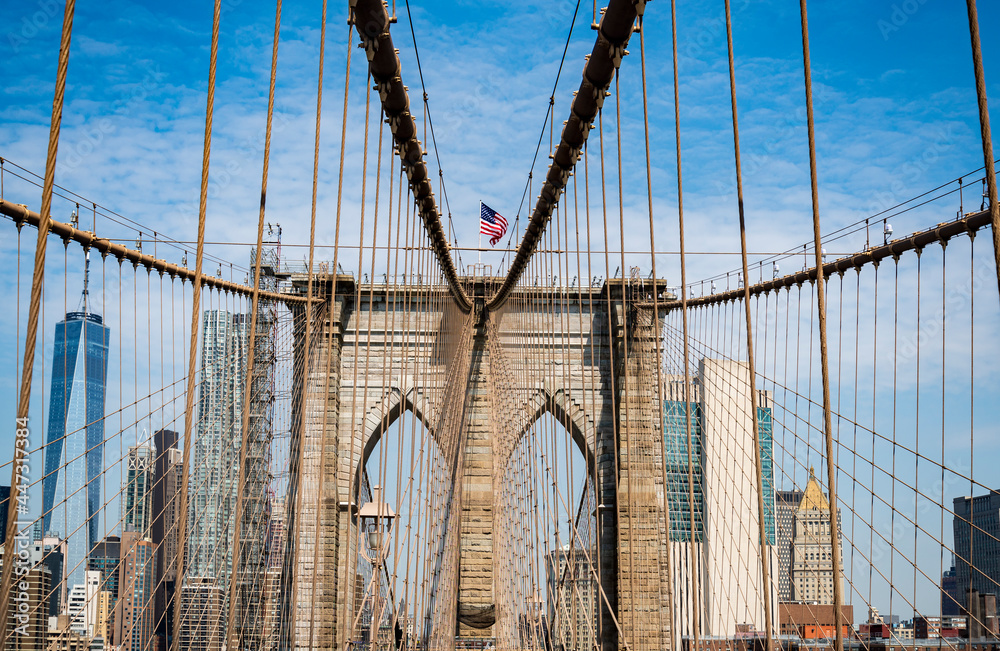 Fototapeta premium View of the Brooklyn skyline as seen from the Brooklyn Bridge.