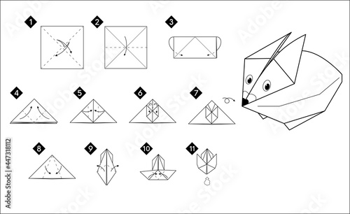 Step by step how to make origami rabbit bird . Vector monochrome instructions illustration. Black and white paper DIY.