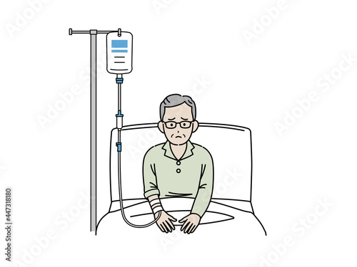 入院する年配の男性　高齢者　病院　点滴　イラスト素材
