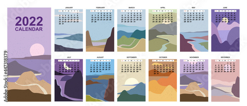 2022 Calendar Planner abstract minimalist contemporary landscape natural backgrounds. Monthly template for diary business. Week Starts Sunday. Vector isolated