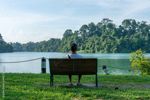 Chinese Man sitting in a bench looks towards MacRitchie Reservoir in Singapore photo