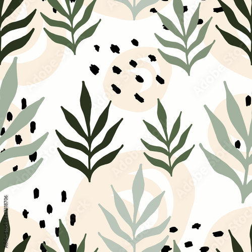 Abstract hand drown tropical seamless pattern with leaves. for wallpapers, textiles, papers, fabrics, web pages. Leaf ornament, vintage style. Vector illustration.