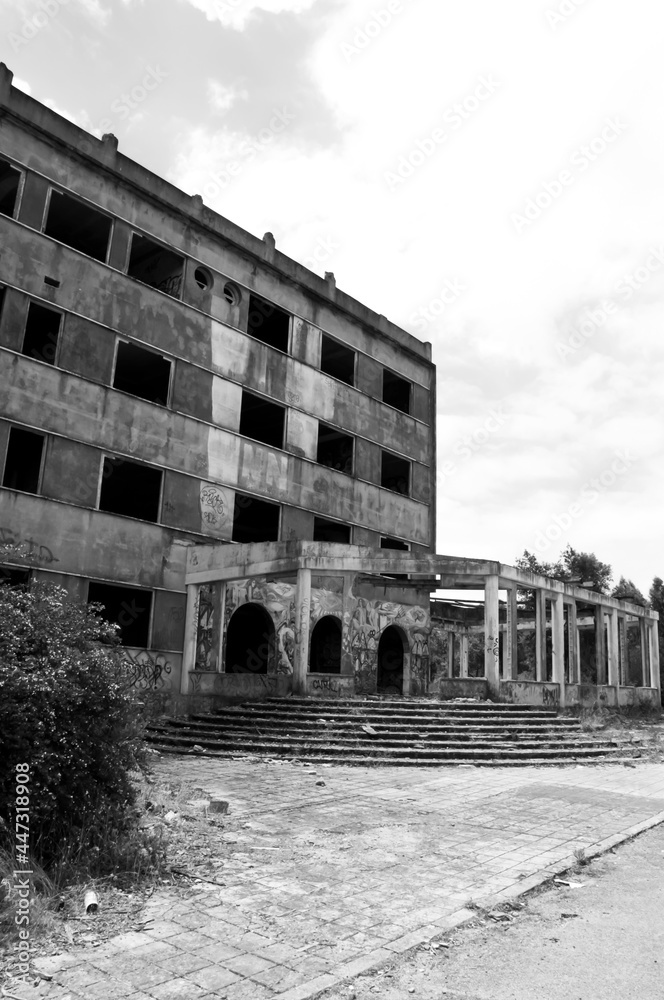 Black and white landscape of an abandoned and ruined building in Portugal 