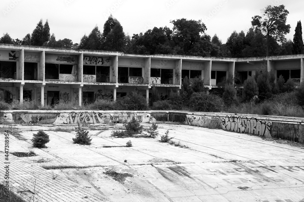 Black and white landscape of an abandoned and ruined building in Portugal 
