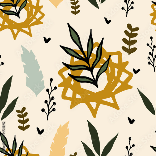 Abstract hand drown tropical seamless pattern with leaves. for wallpapers, textiles, papers, fabrics, web pages. Leaf ornament, vintage style. Vector illustration.