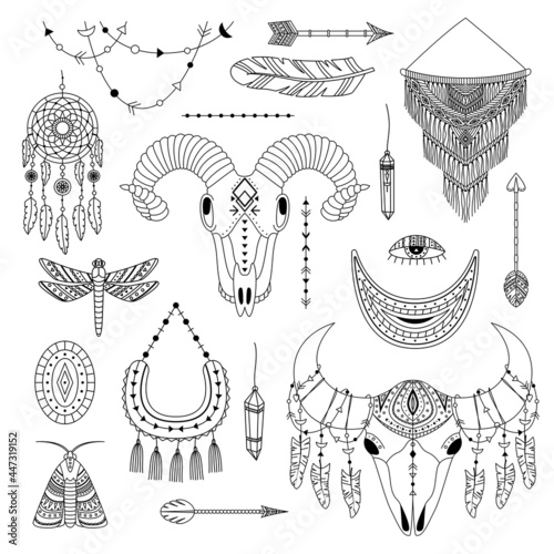 Vector set of boho illustrations. Line art. Dreamcathers, animal skull, feathers and arrows