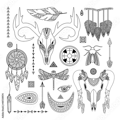 Vector set of boho illustrations. Line art. Dreamcathers, animal skull, feathers and arrows photo