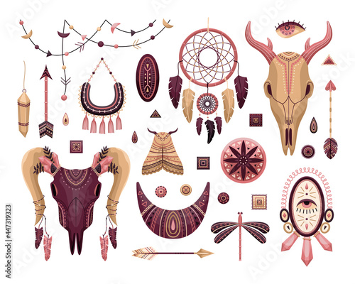 Vector set of boho illustrations. Flat style. Dreamcathers, animal skull, feathers and arrows