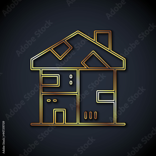Gold line Homeless cardboard house icon isolated on black background. Vector