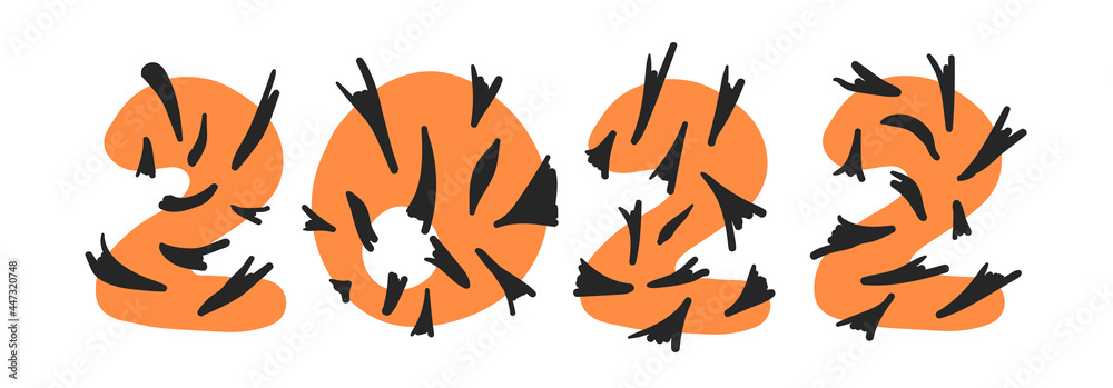 Banner of striped black and orange funny numbers 2022. New year 2022 of the tiger. Vector cartoon hand drawn illustration